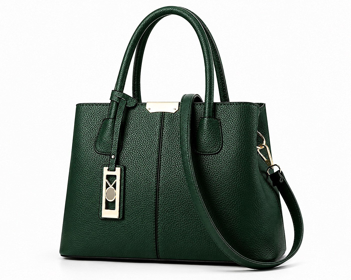 Émeraude Tote in house-green pebble-grain bio nappa with a gold plate centre bar