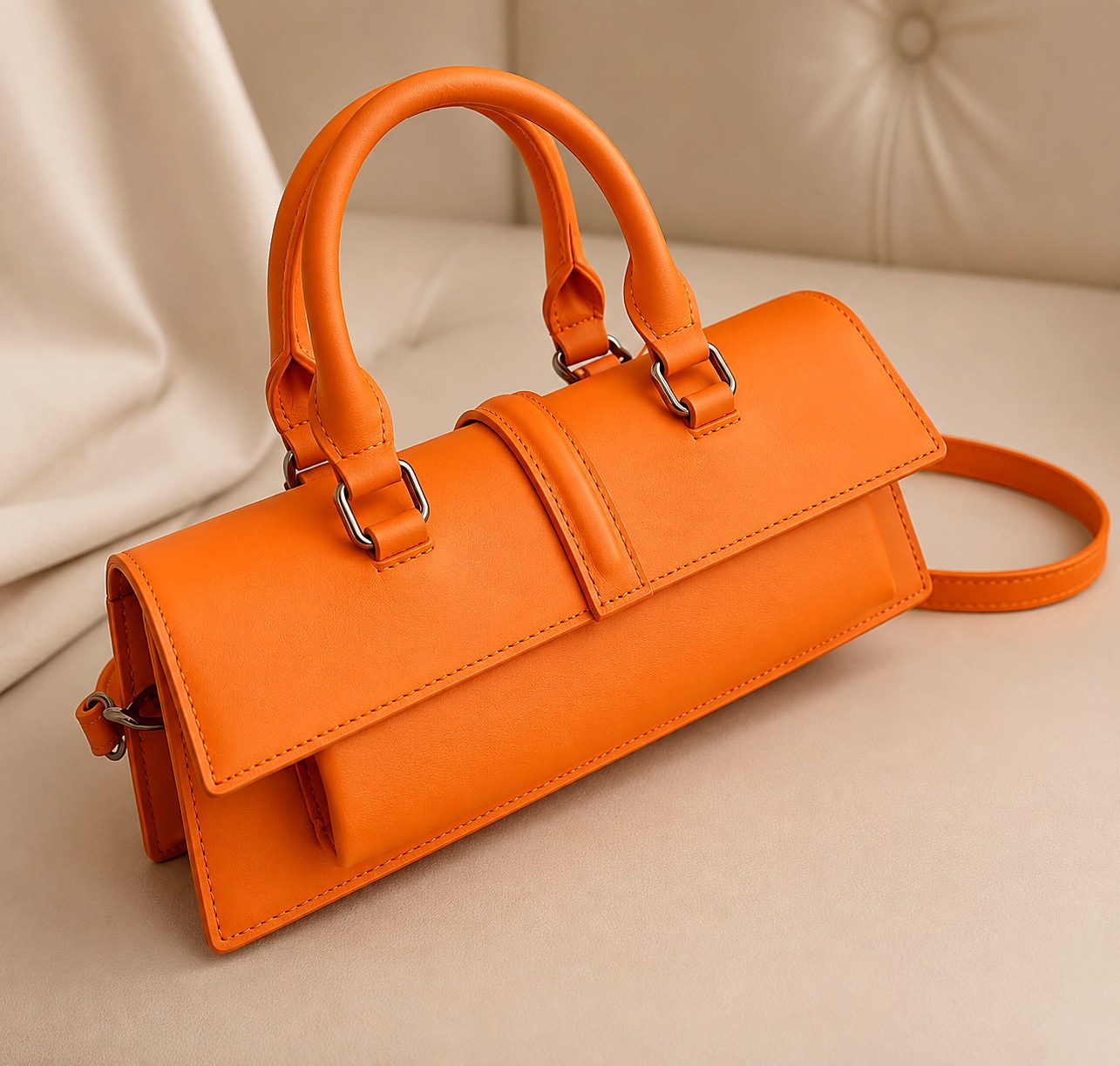 Solène Baguette in saffron cactus-derived nappa with twin rolled top handles