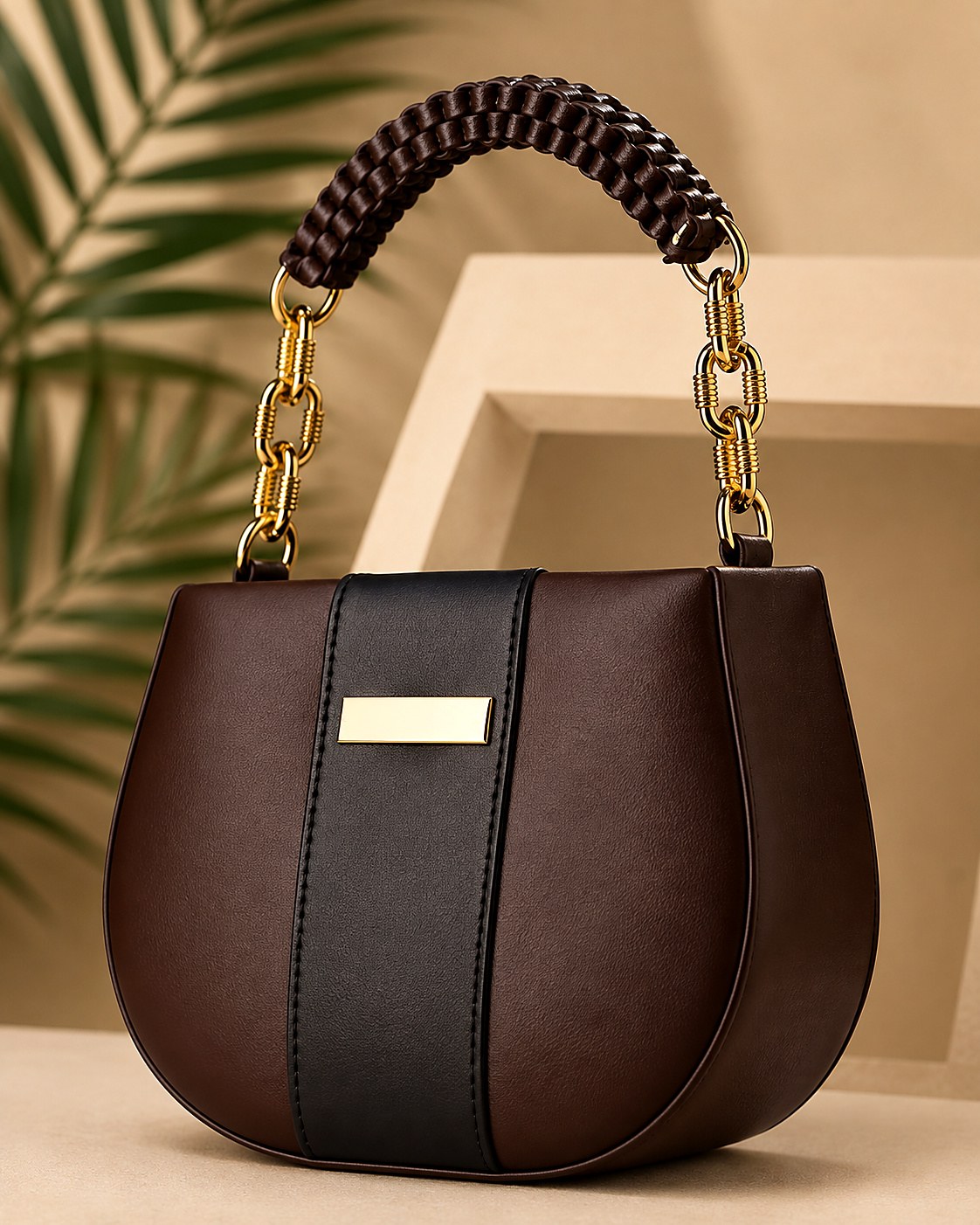 Cacao Saddle bag in bi-tone bio nappa with a hand-braided handle