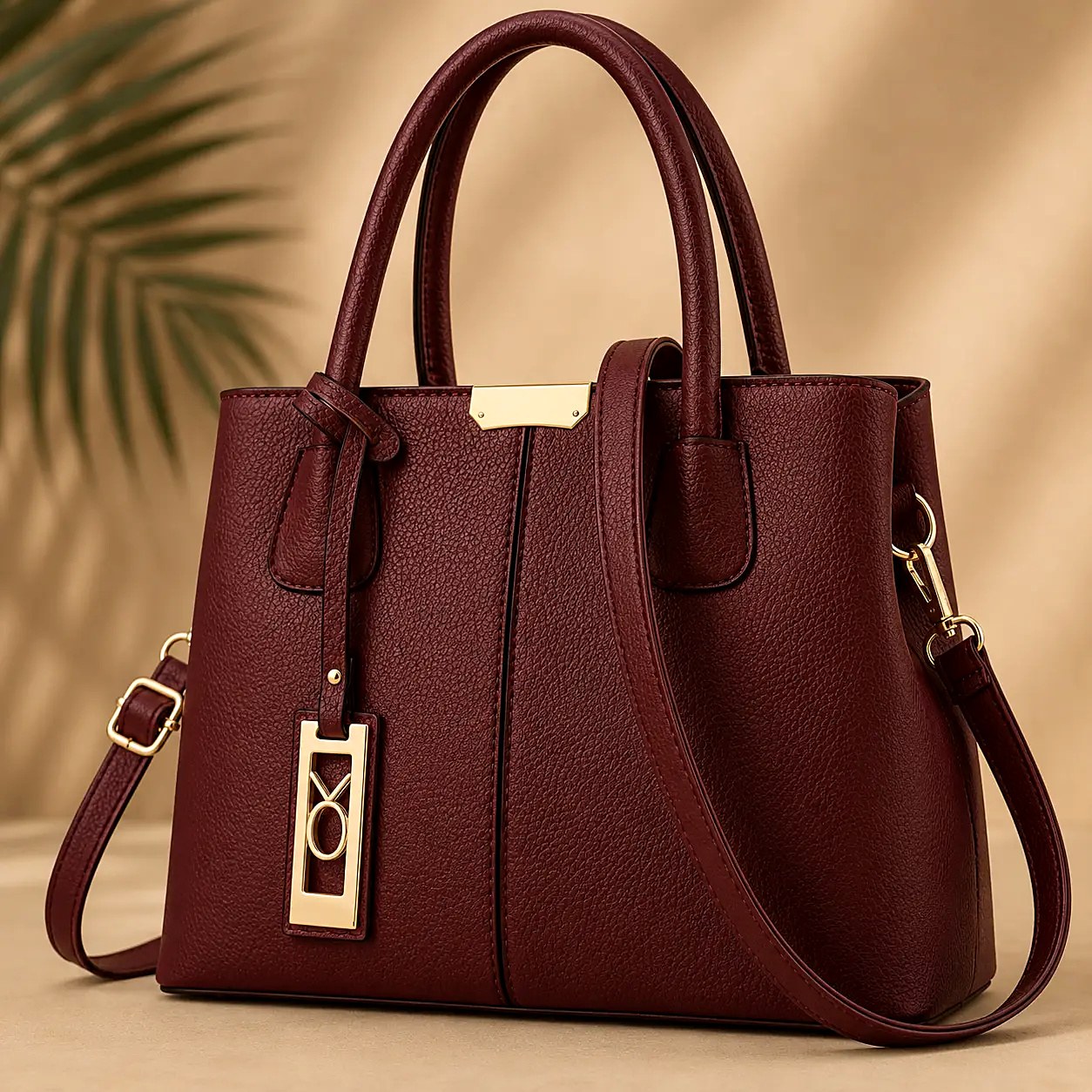 Bordeaux Tote in wine-dark pebble-grain bio nappa with gold hardware